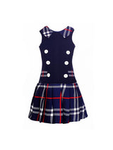 Branyork Navy Checked Drop-Waist Dress